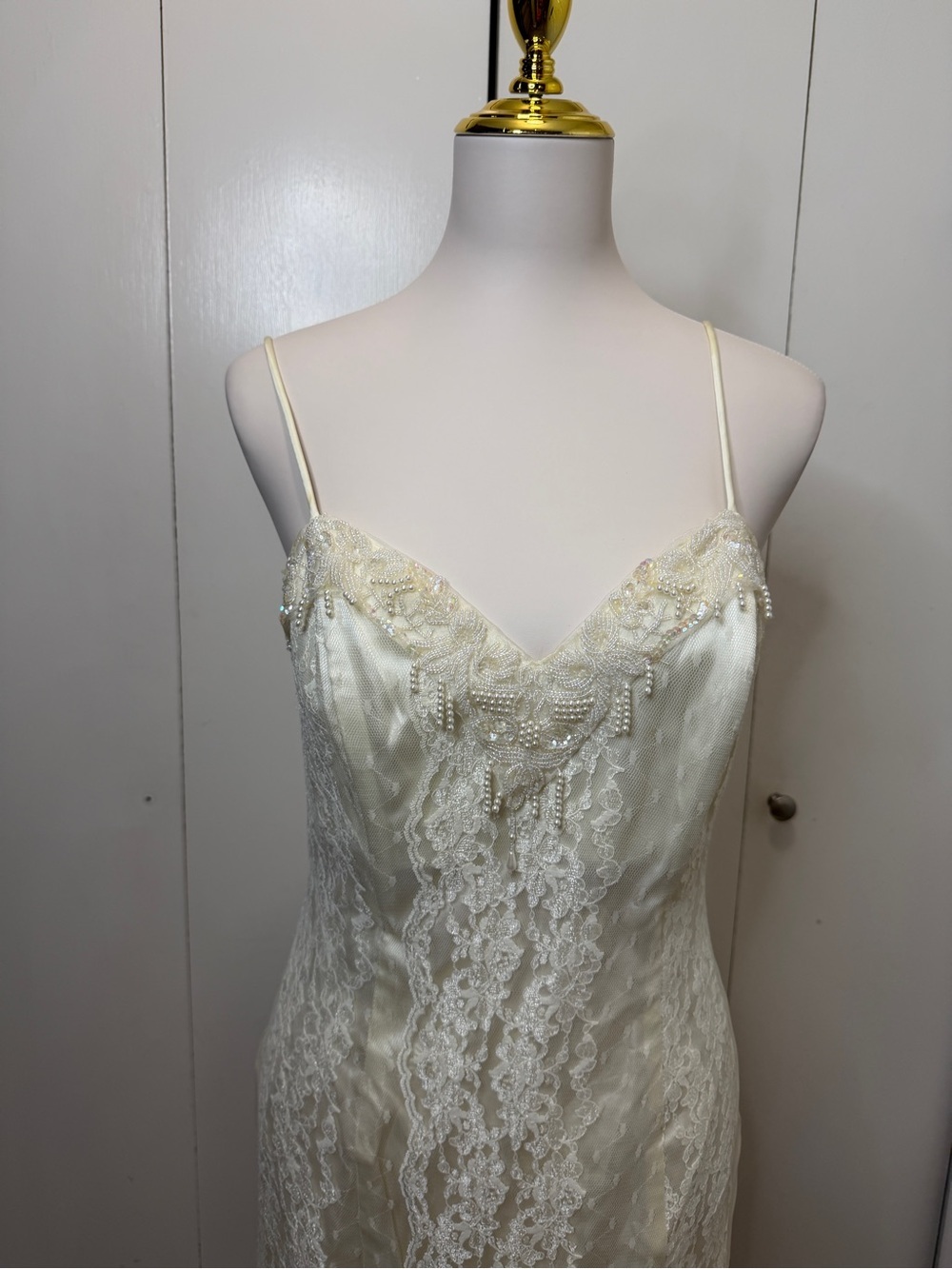 Ivory Lace-Front Midi Slip Dress with Delicate Straps - Picture 5 of 11